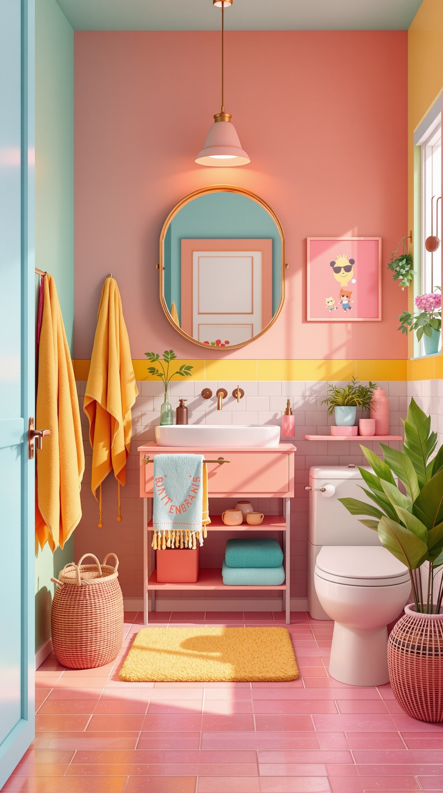 A colorful kids bathroom featuring pastel pink, blue, and yellow walls, with bright towels and playful decor.