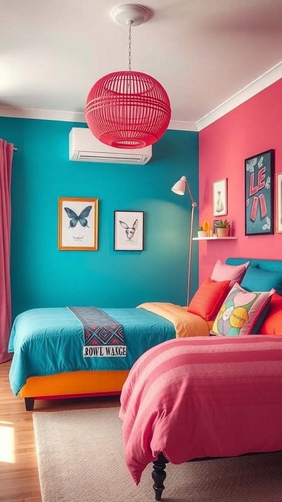 A vibrant teen bedroom featuring teal and pink walls, colorful bedding, and playful decor.