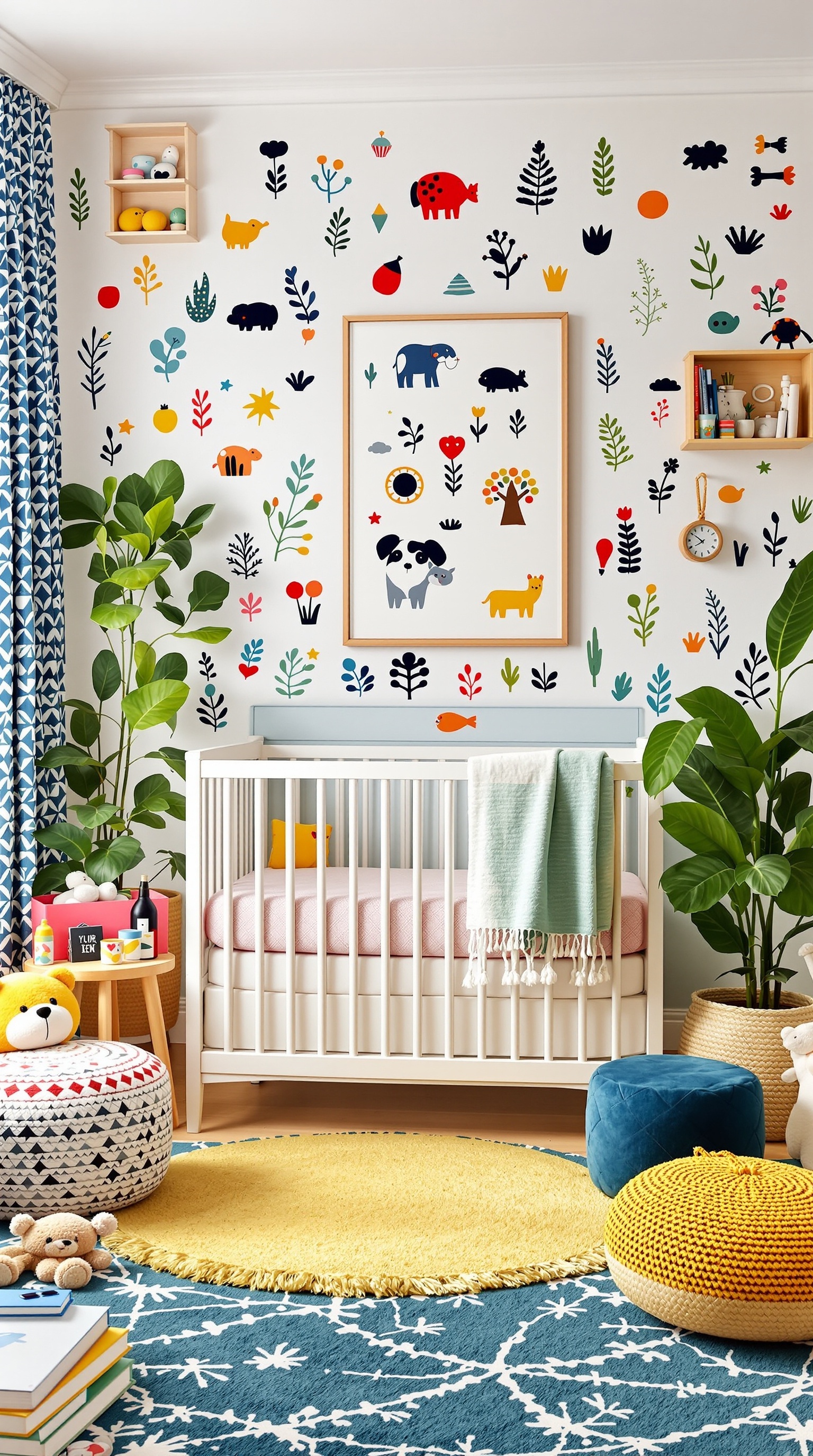 A colorful baby room with playful animal wall decals, a crib, and vibrant rugs.