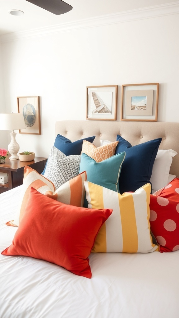 A bed with a variety of colorful throw pillows in a preppy teen bedroom