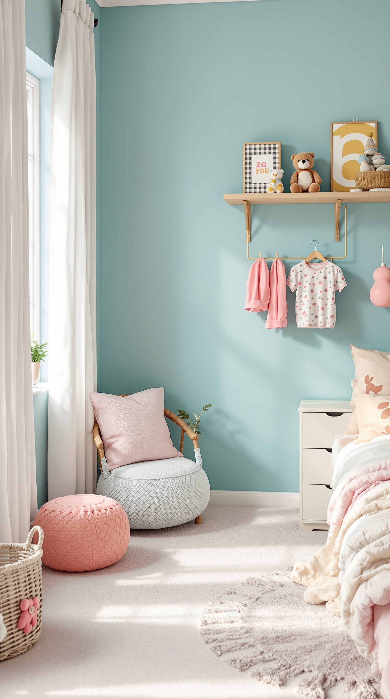 Bright and cheerful toddler room with blue walls, pink accents, and natural light.