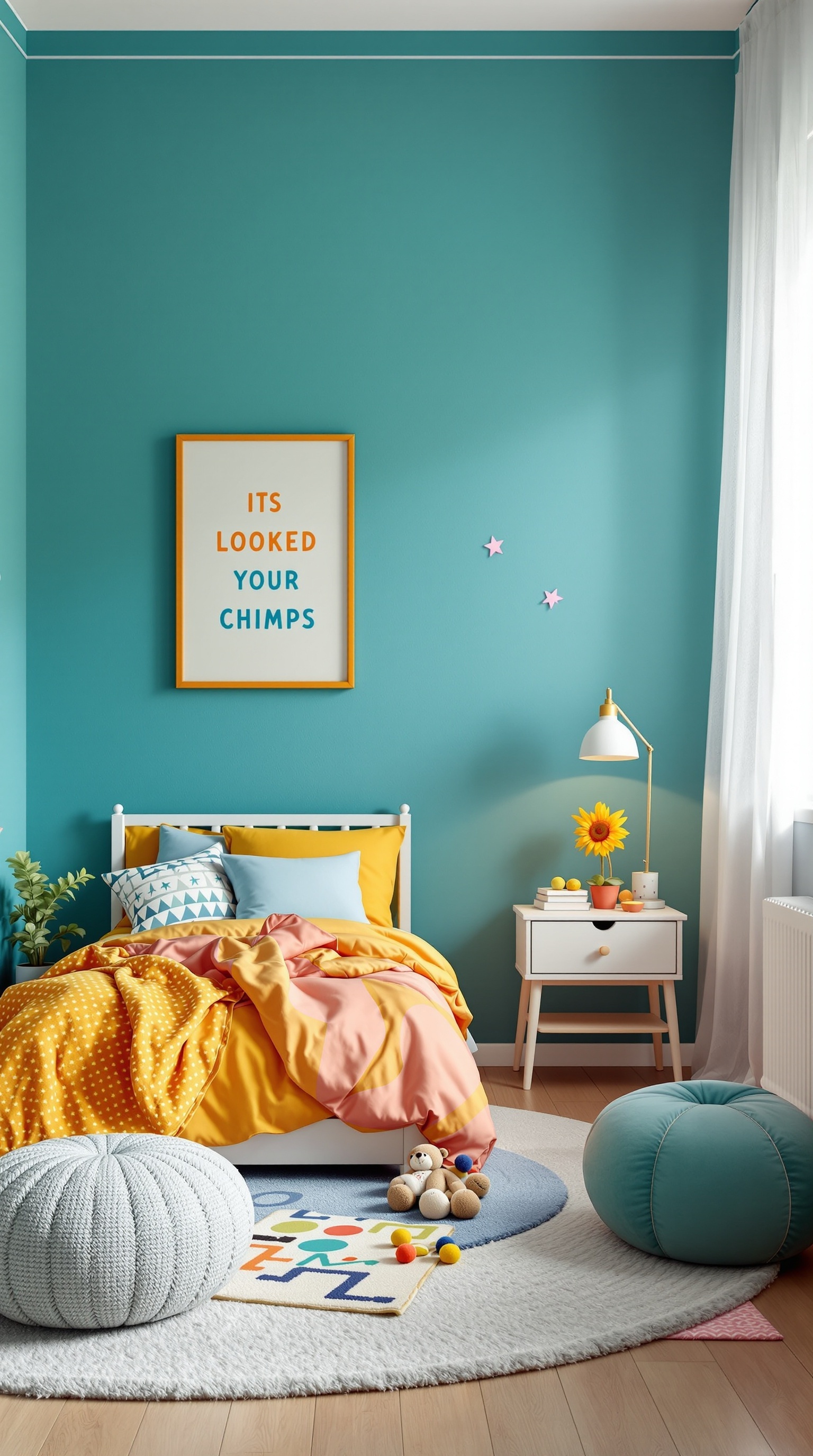 A bright toddler bedroom featuring teal walls, colorful bedding, and playful decor.