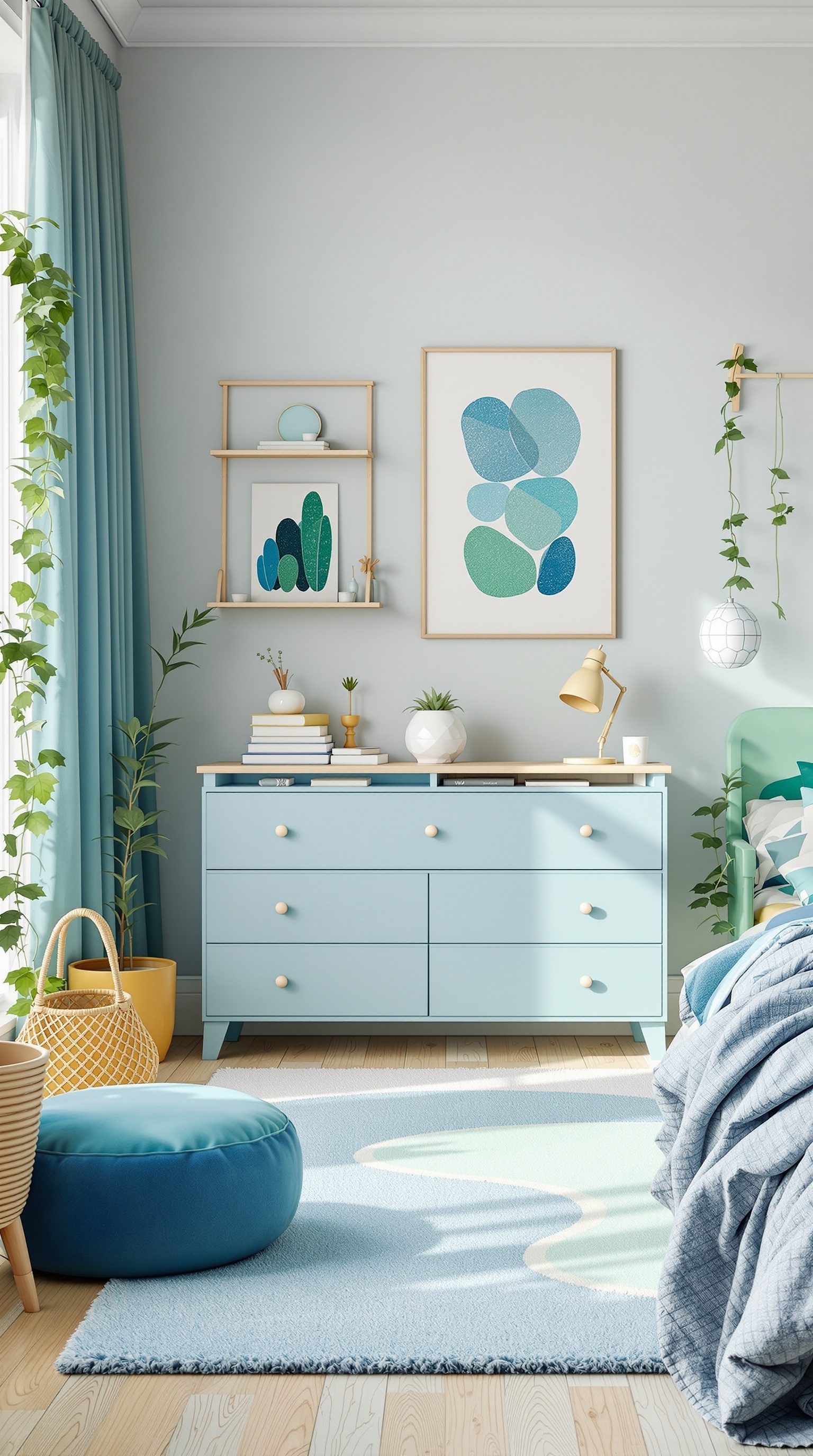 A bright and cheerful toddler bedroom featuring a light blue dresser, colorful artwork, and soft textures.