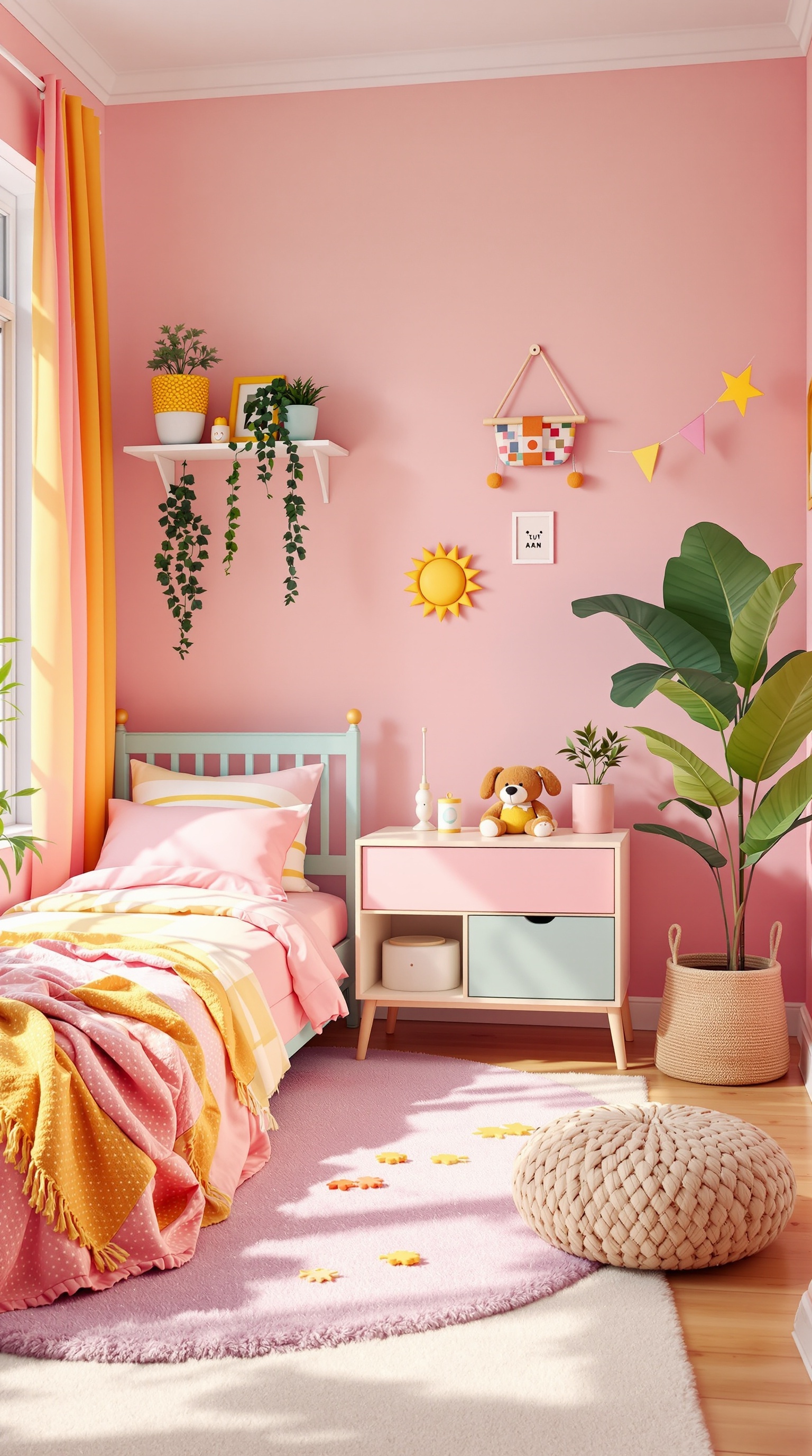 A bright and cheerful toddler bedroom featuring pink walls, colorful bedding, and playful decor.