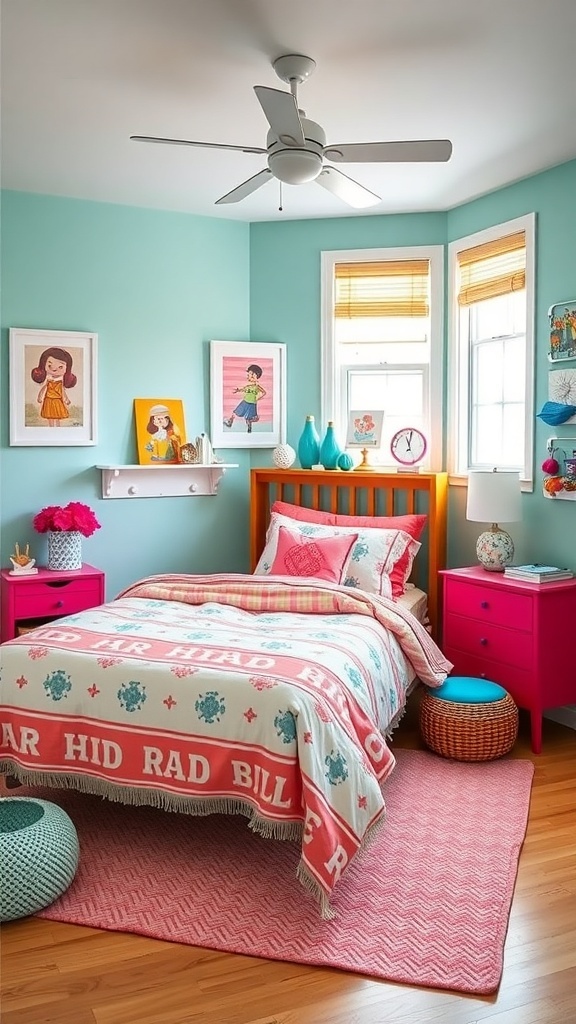 A bright and cheerful kids bedroom with blue walls, pink furniture, and colorful artwork.
