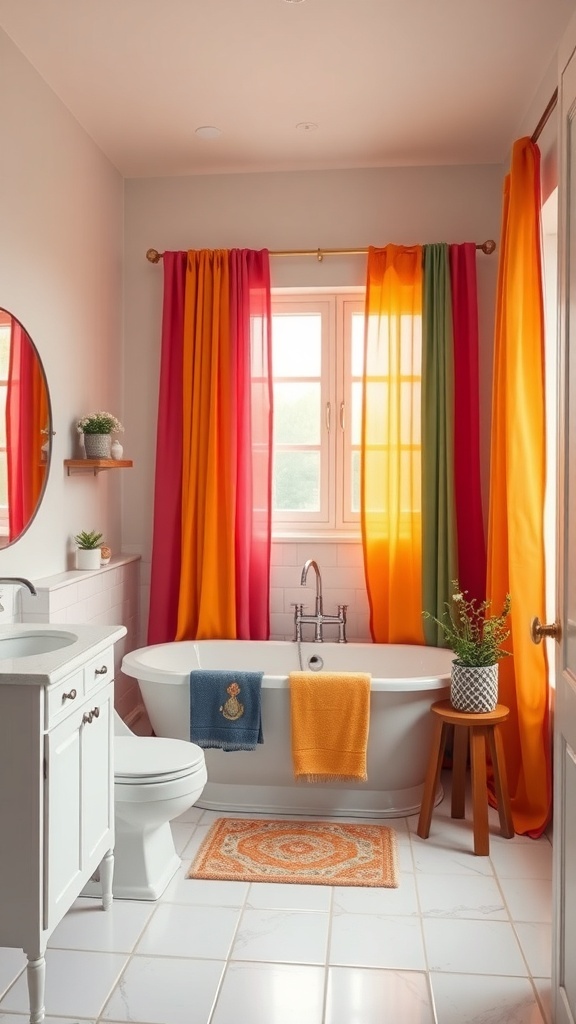 A bright and colorful bathroom with vibrant curtains in pink, orange, yellow, and green, featuring a white bathtub and modern fixtures.