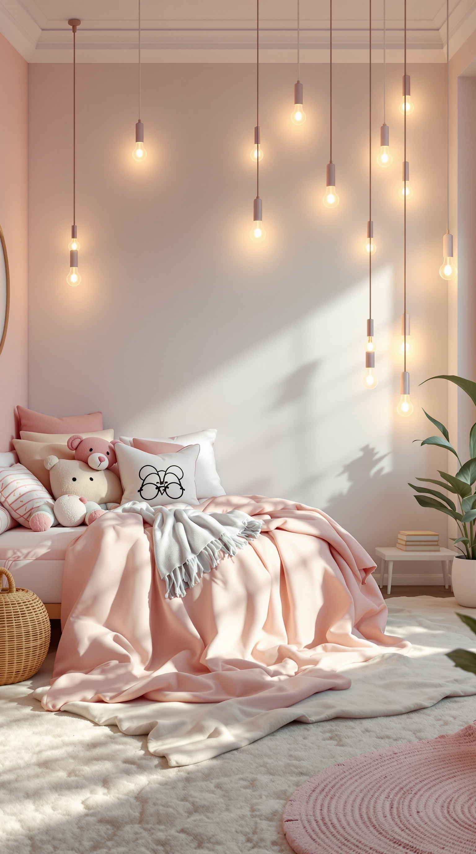 A bright and cheerful toddler girl's bedroom with warm hanging lights and soft decor.