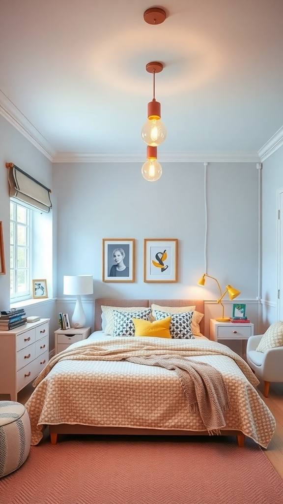 A bright and cheerful teen bedroom with stylish pendant lights and warm decor.
