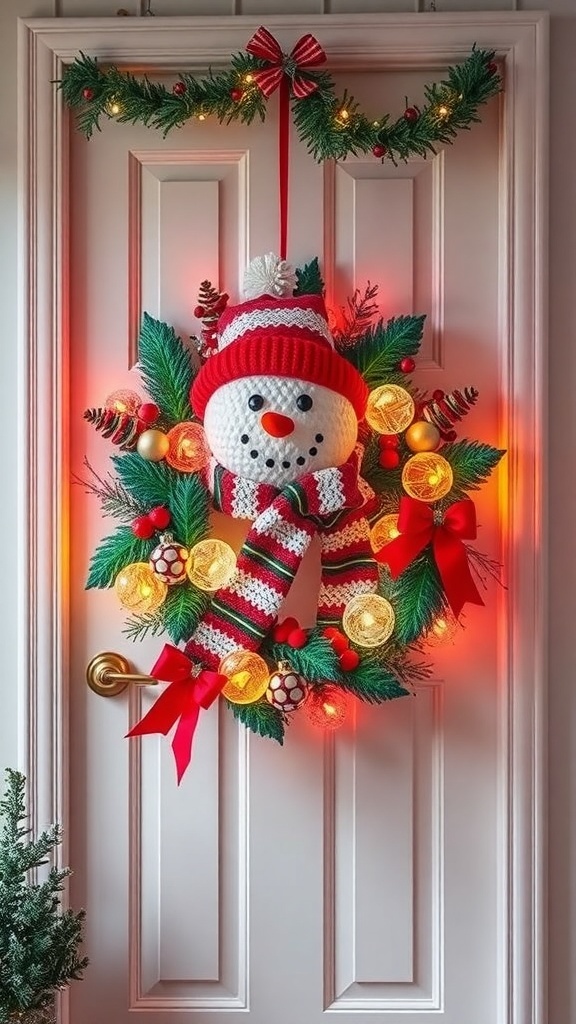 A colorful snowman wreath with a red and white striped scarf, golden ornaments, and festive lights.