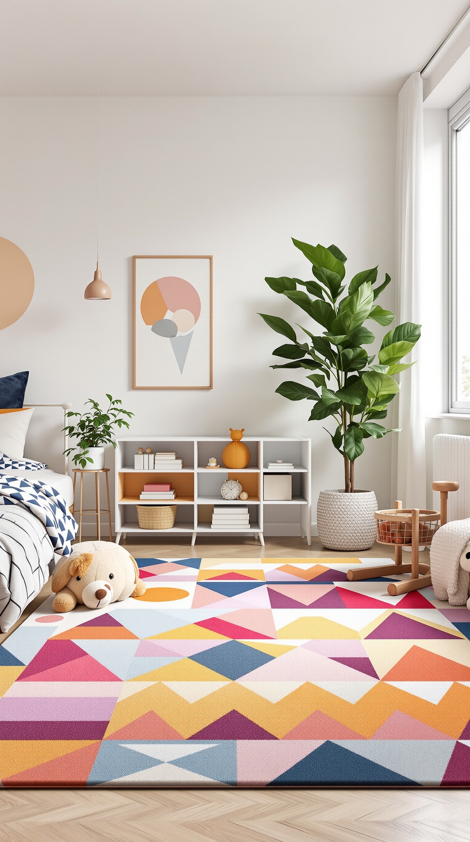 Colorful geometric area rug in a kids' room with playful decor.