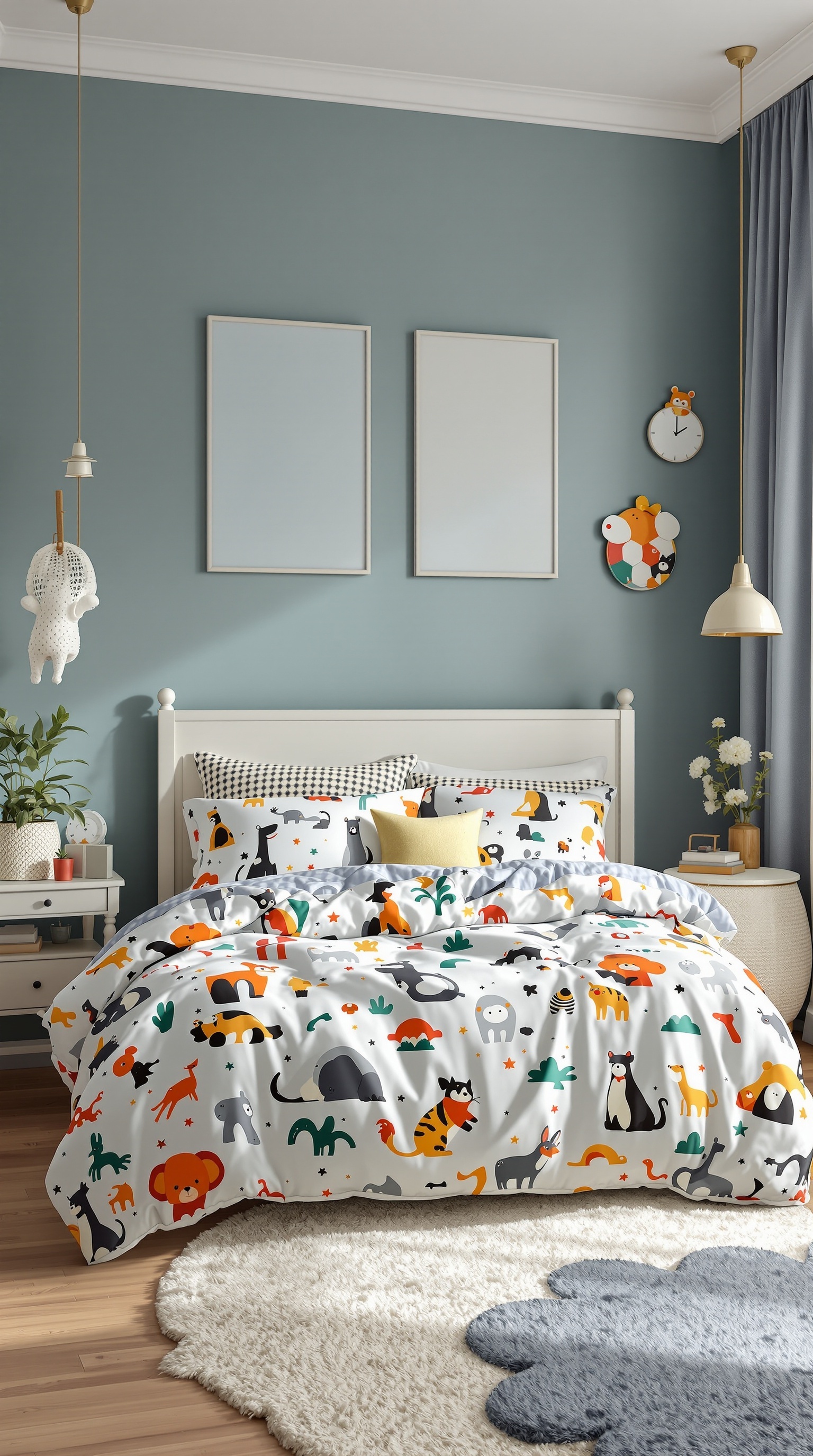 A colorful kids room with bright animal-themed bedding, soft pillows, and a cozy rug.