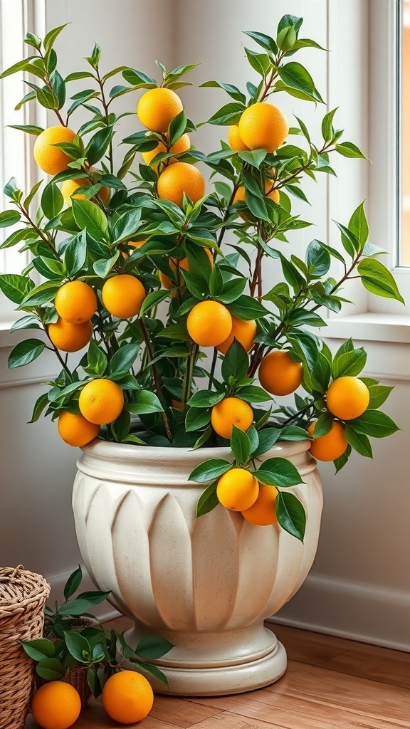 A decorative planter filled with vibrant orange fruits and green leaves, set near a window.