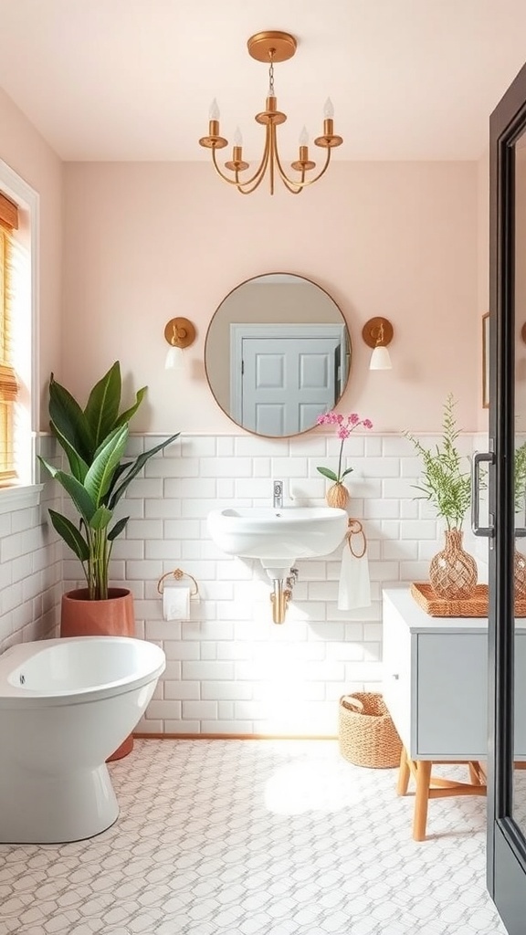 A small bathroom featuring bright pastel colors, plants, and modern fixtures to enhance the illusion of space.