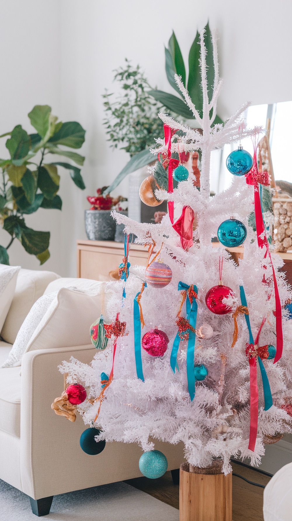A white Christmas tree decorated with colorful ornaments and ribbons, placed near a cozy couch.
