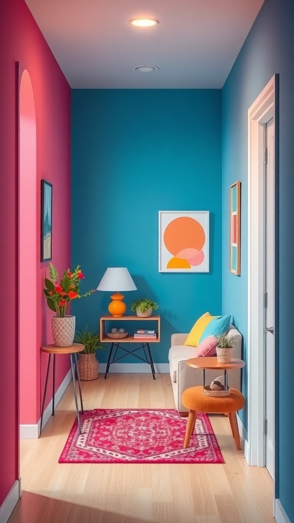 A small hallway with bright pink and blue walls, featuring a cozy sofa, colorful cushions, a rug, and decorative plants.