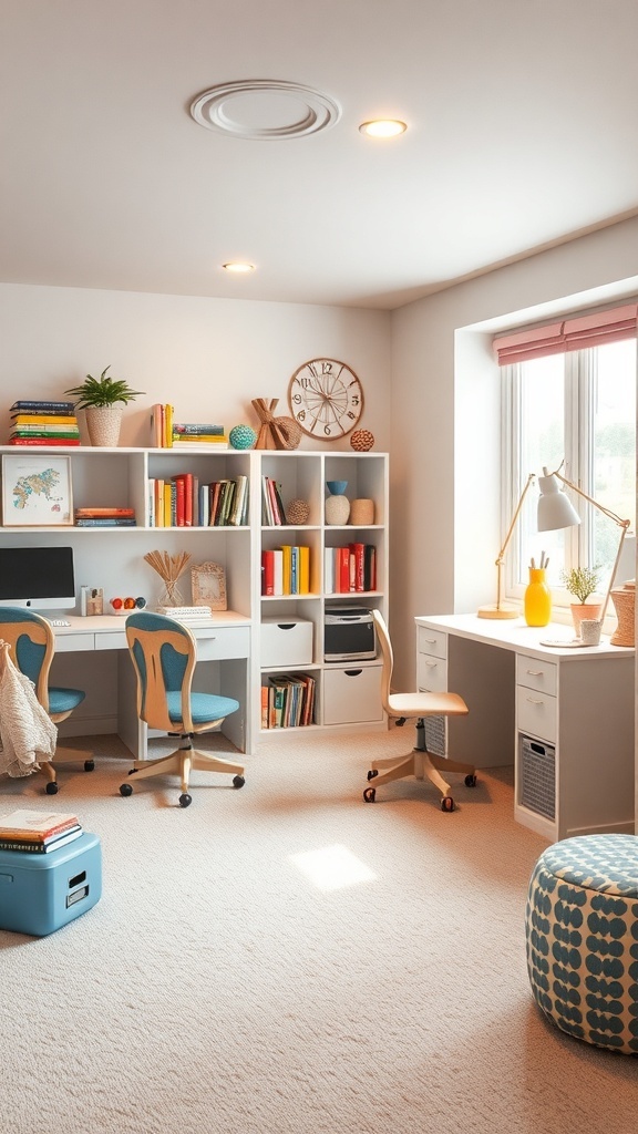 A bright and cheerful kids' study area in a remodeled basement, featuring two desks, colorful books, and a cozy ambiance.
