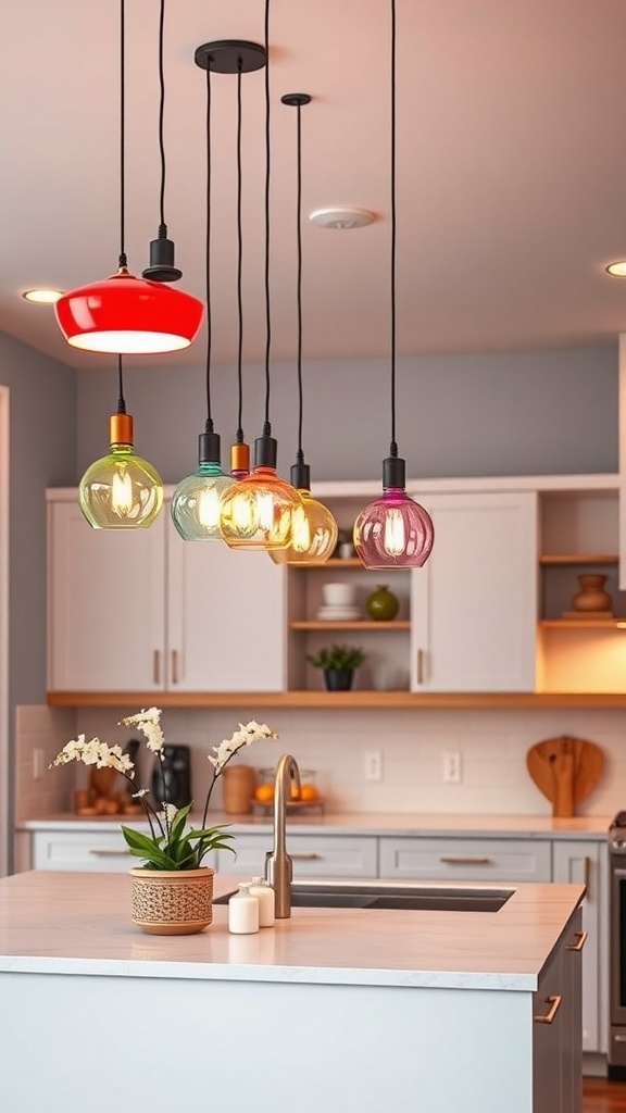 Colorful pendant lights hanging over a kitchen island