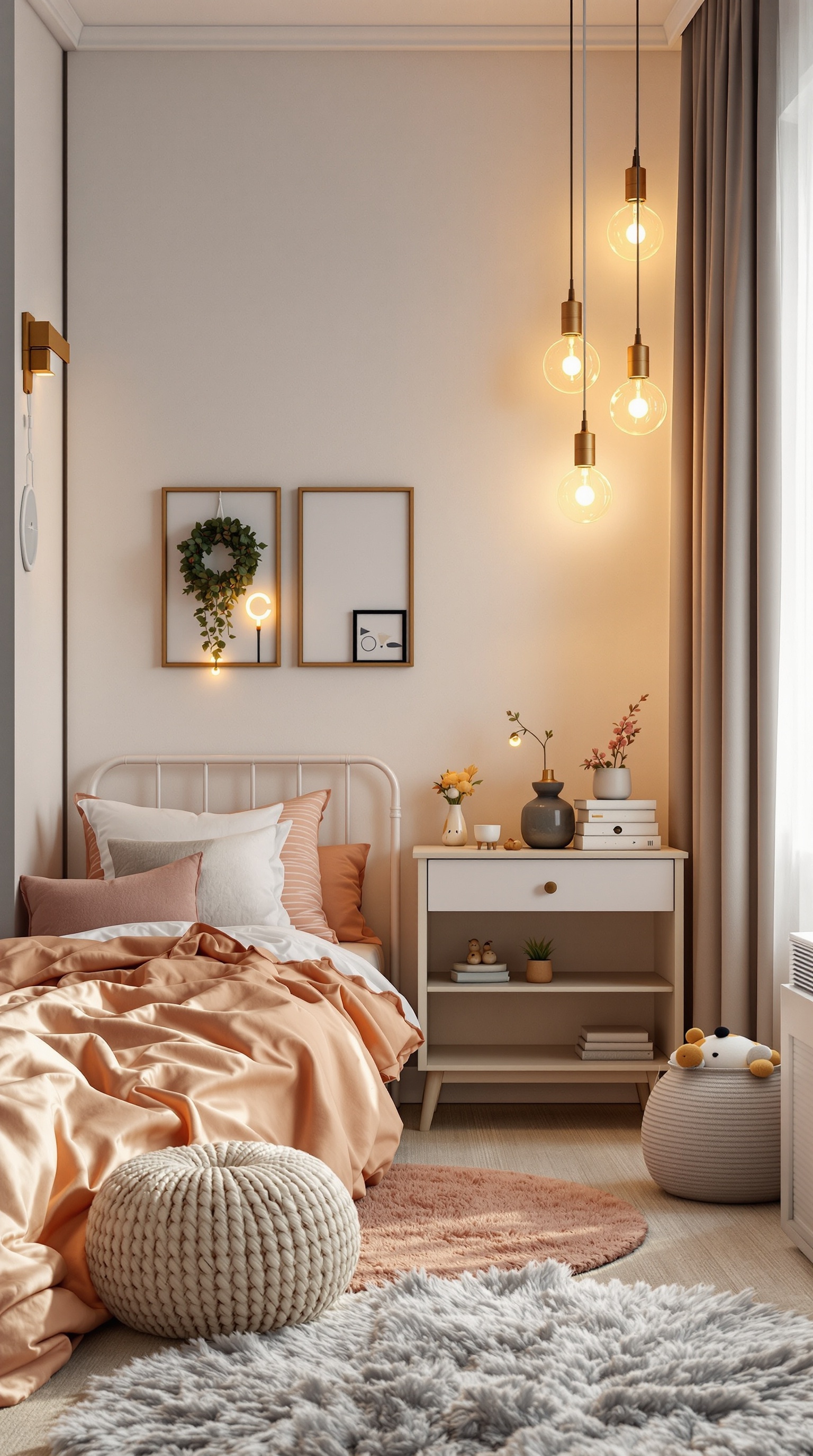A cozy kid's room with warm lighting and a comfortable bed.
