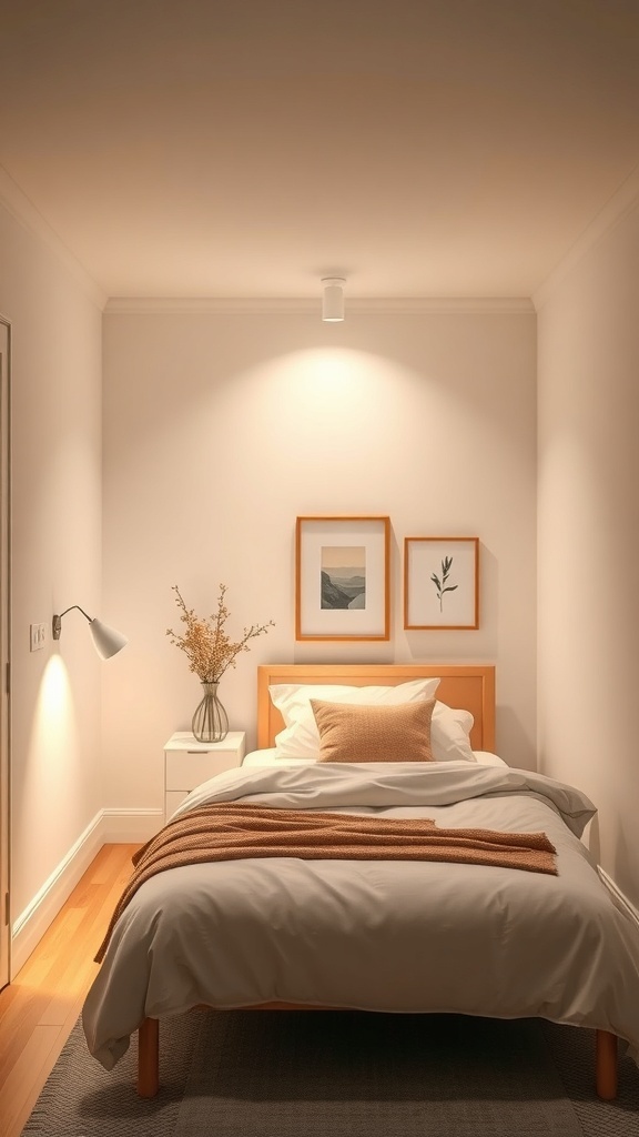 Cozy small bedroom with warm lighting and a minimalist design