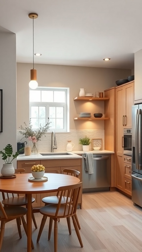 A small, well-lit kitchen featuring a round wooden dining table, pendant lighting, and natural light from a window.