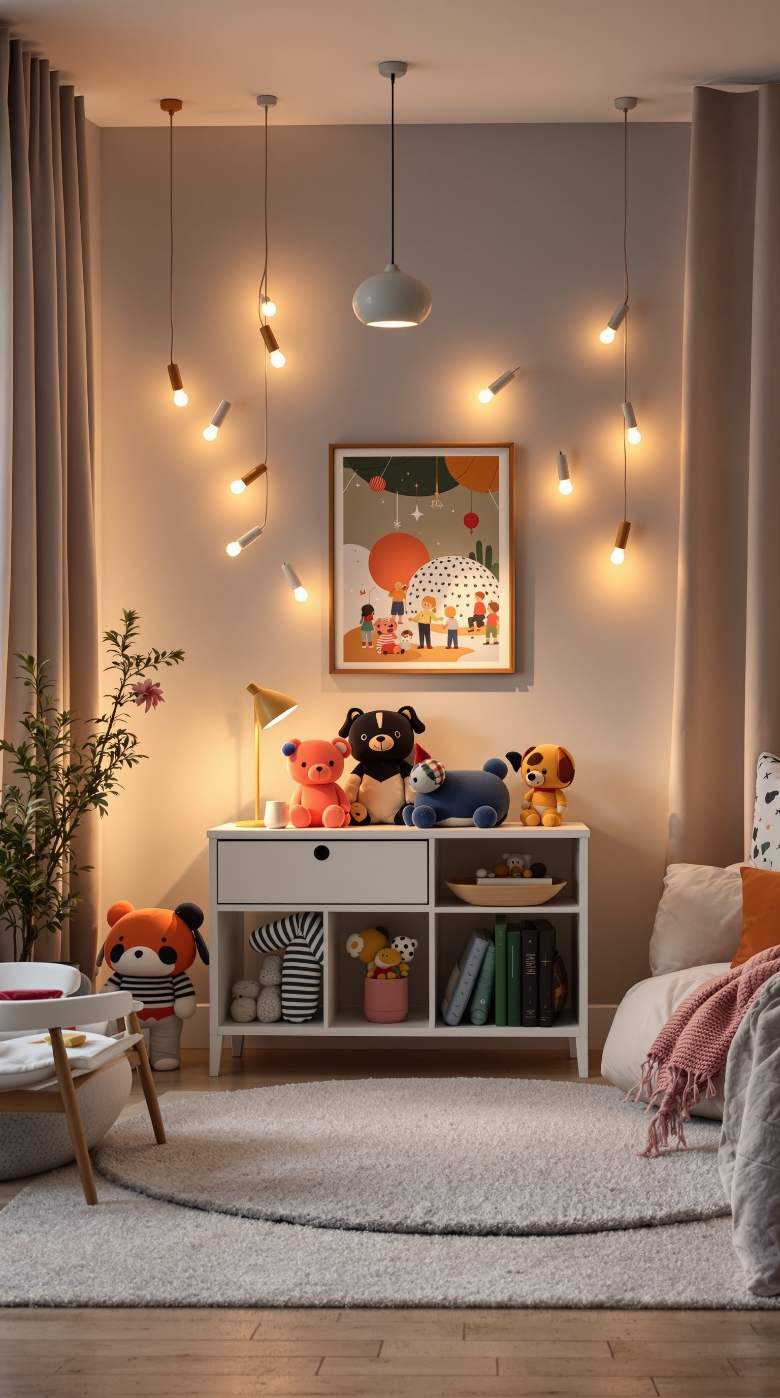 A cozy kids' room with bright lighting, featuring pendant lights and a floor lamp, decorated with toys and a colorful artwork.
