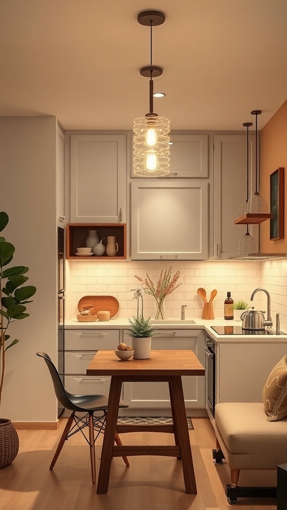 A small kitchen with bright pendant lights, white cabinets, and a wooden table, showcasing a cozy and open space.