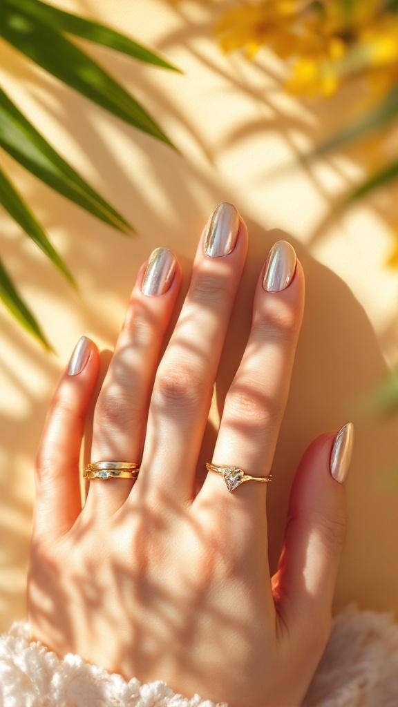 A hand with bright metallic nails and gold rings, surrounded by green leaves and yellow flowers.