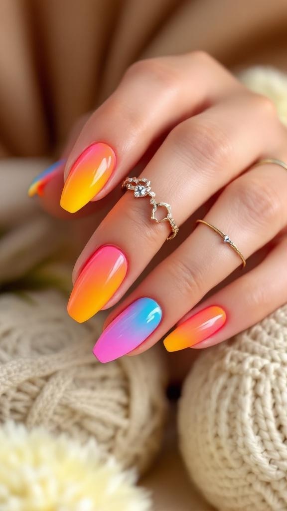 A hand with bright neon gradient nails transitioning from yellow to pink, adorned with delicate rings.