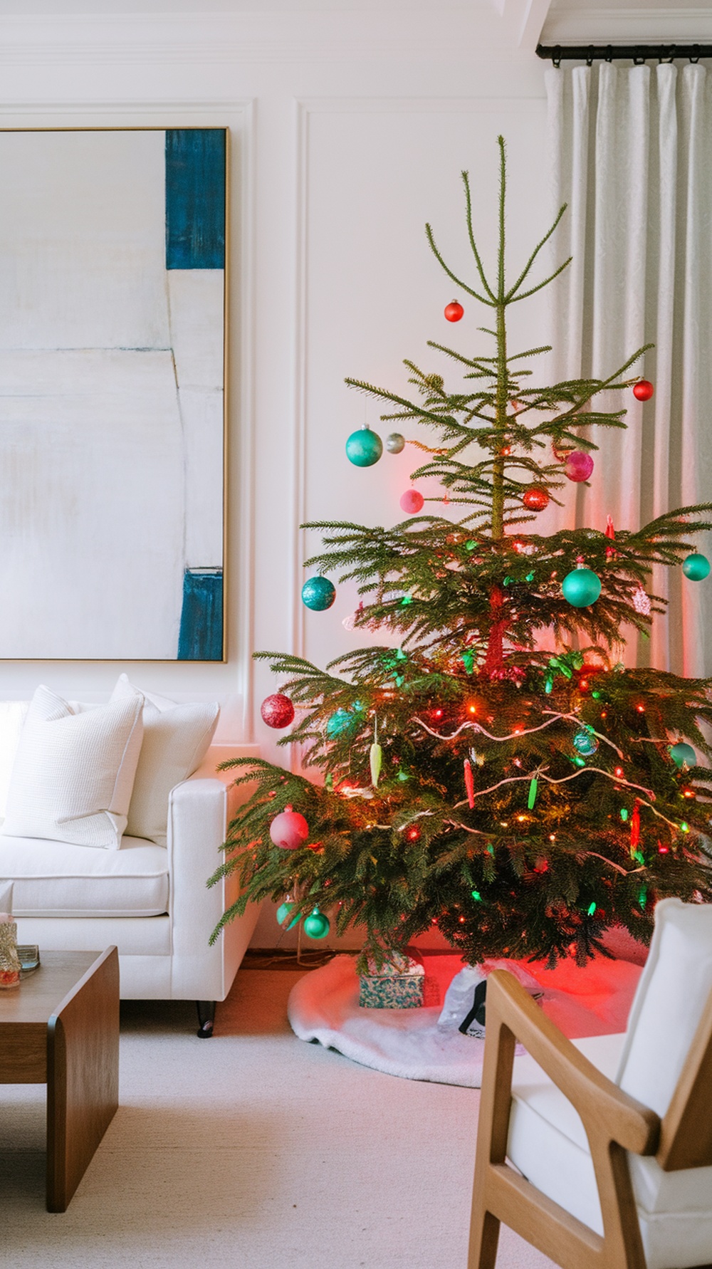 A Christmas tree decorated with bright neon ornaments and lights in a cozy living room setting.