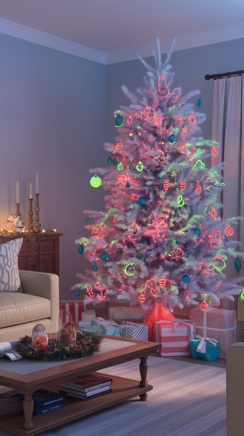 A brightly decorated white Christmas tree with neon ornaments and lights in a cozy living room setting.