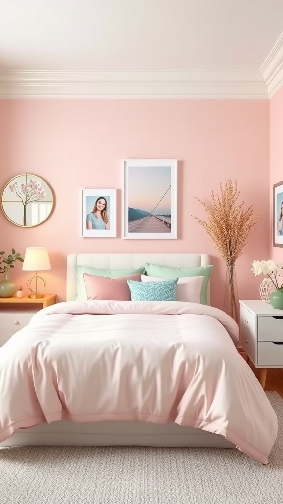 A bright pastel teen bedroom with pink walls, a cozy bed, and decorative accents.