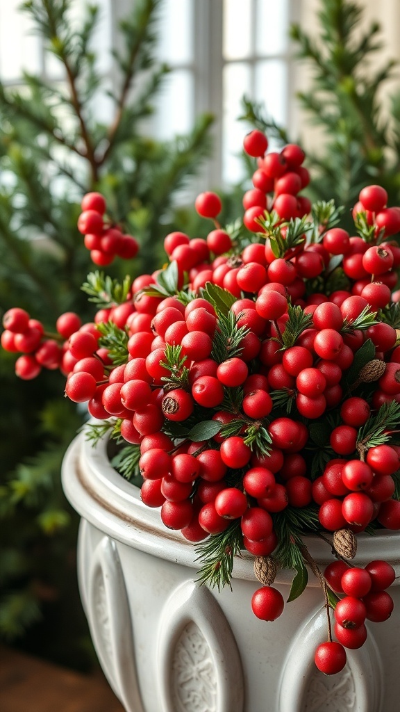 A close-up of a planter filled with bright red winter berries and green foliage.
