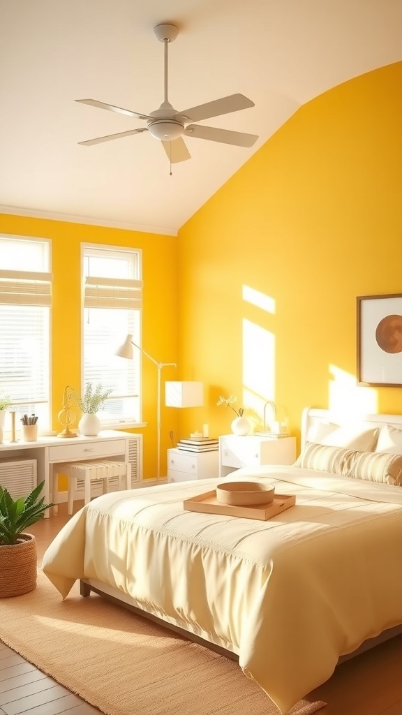 A bright bedroom with sunny yellow walls and white furniture, featuring natural light and plants.