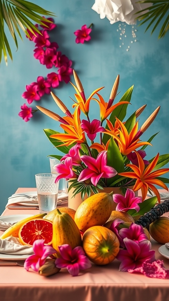 A vibrant bridal shower table decorated with colorful tropical flowers and fruits.