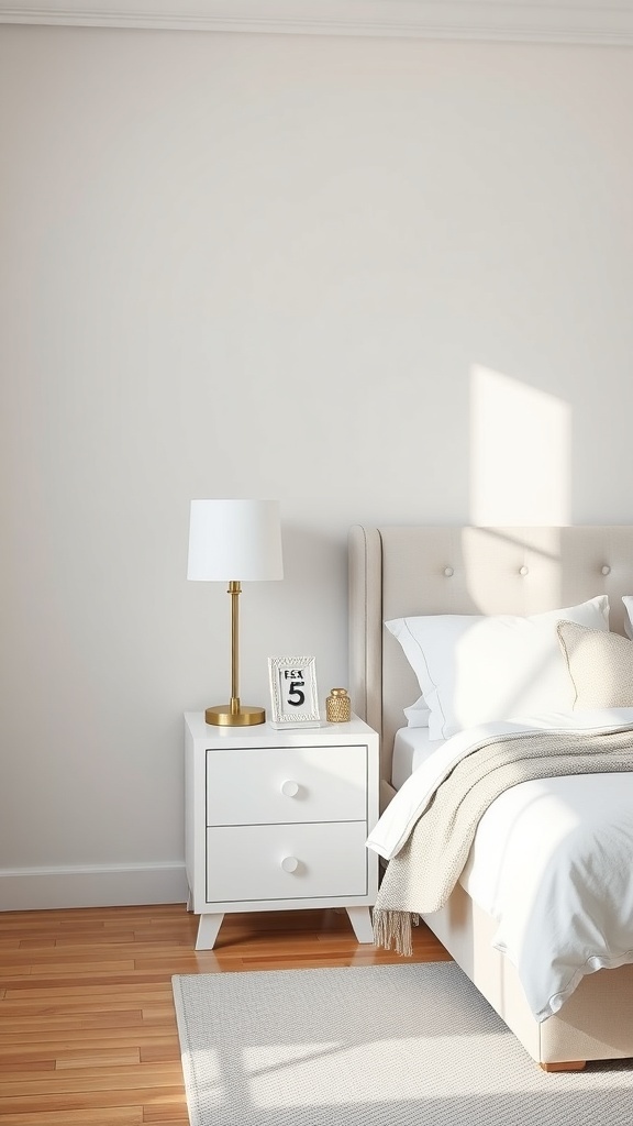 Bright white nightstand next to a bed with a lamp and decorative items