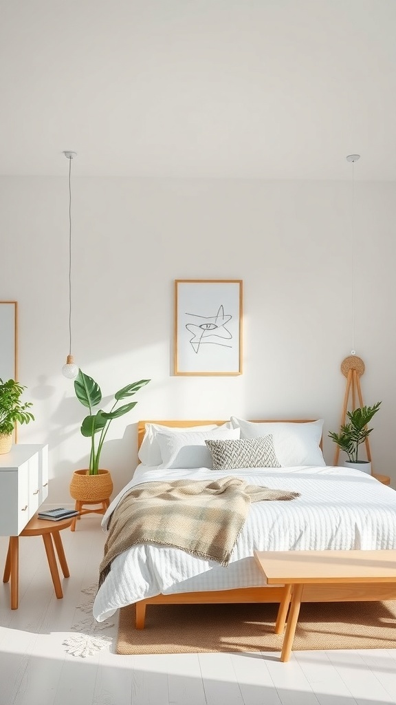 Bright white bedroom with wooden furniture and plants