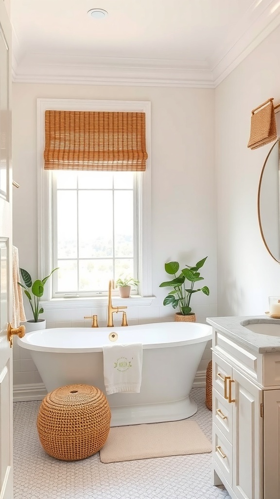 A bright bathroom featuring a woven window treatment, a white bathtub, and green plants.