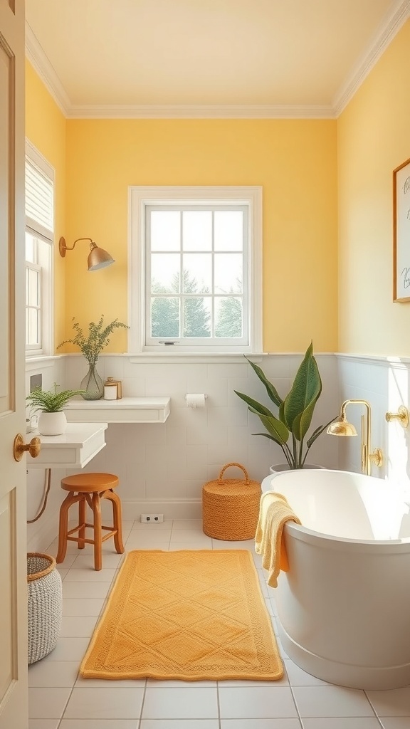 A bright yellow bathroom with white fixtures, a green plant, and a cozy rug.