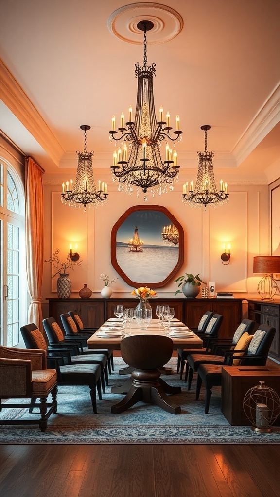 A dining room with elegant chandeliers and warm lighting, creating a cozy atmosphere.