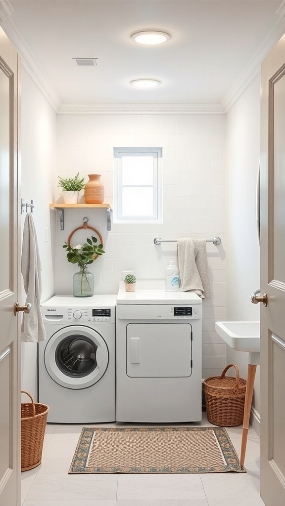 A bright and organized small utility room with white walls, light tiles, and modern appliances.