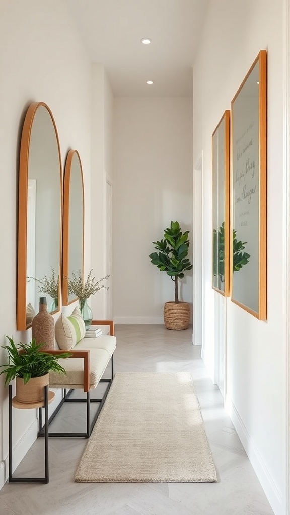 A bright hallway featuring large mirrors, a bench, and plants.