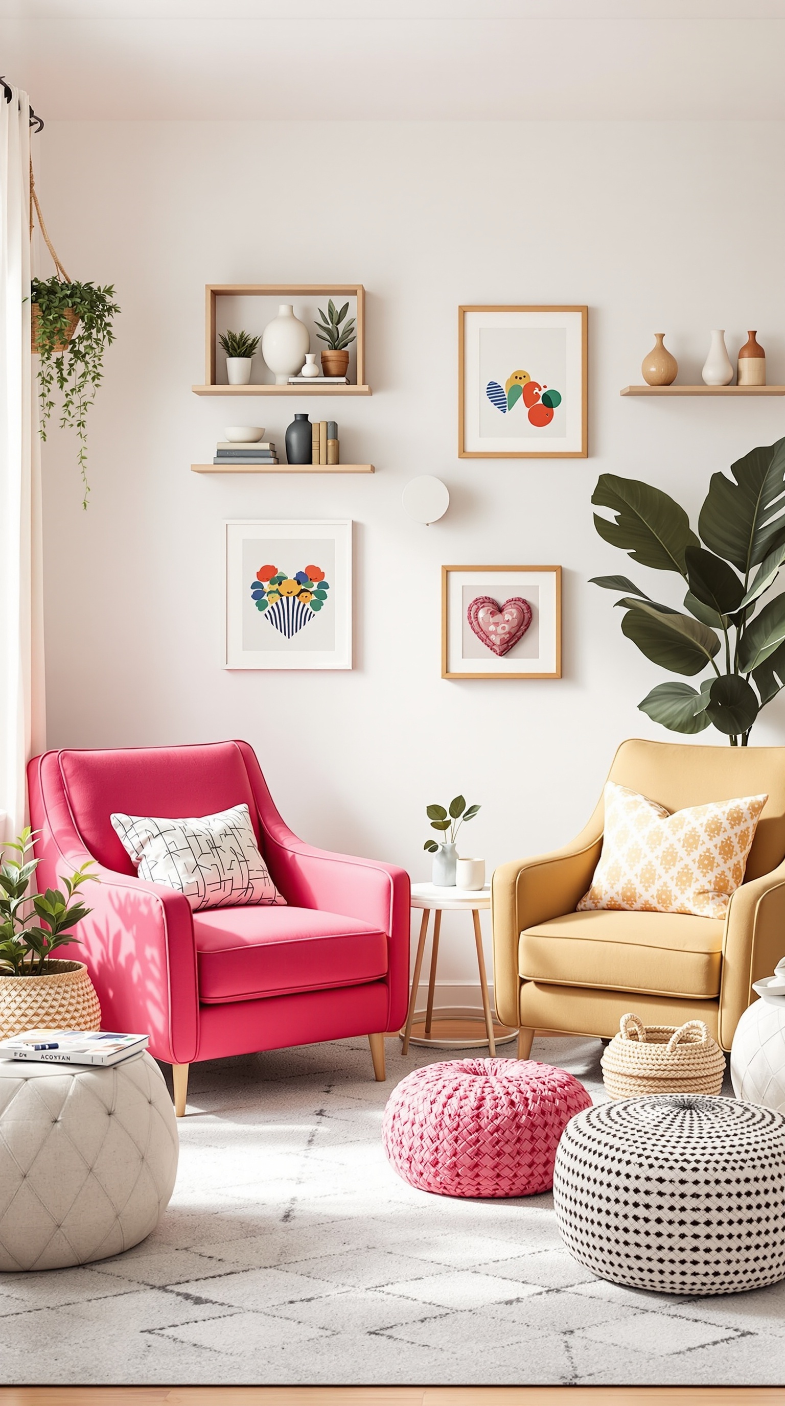A bright and colorful kids bedroom featuring pink and yellow accent chairs with playful poufs.