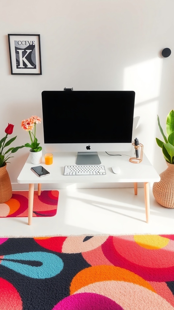 A bright and colorful desk setup featuring a vibrant mat, flowers, and a computer.