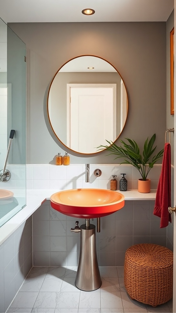 A colorful bathroom featuring a bright orange sink, round mirror, and decorative elements.