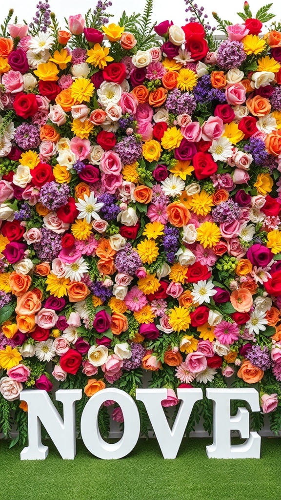 Colorful floral wall backdrop with roses, daisies, and greenery, featuring the letters 'NOVE'