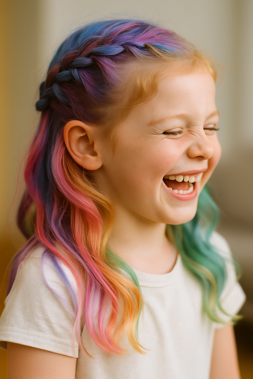 A smiling child with brightly colored hair in pink, purple, and green, styled with a braid.