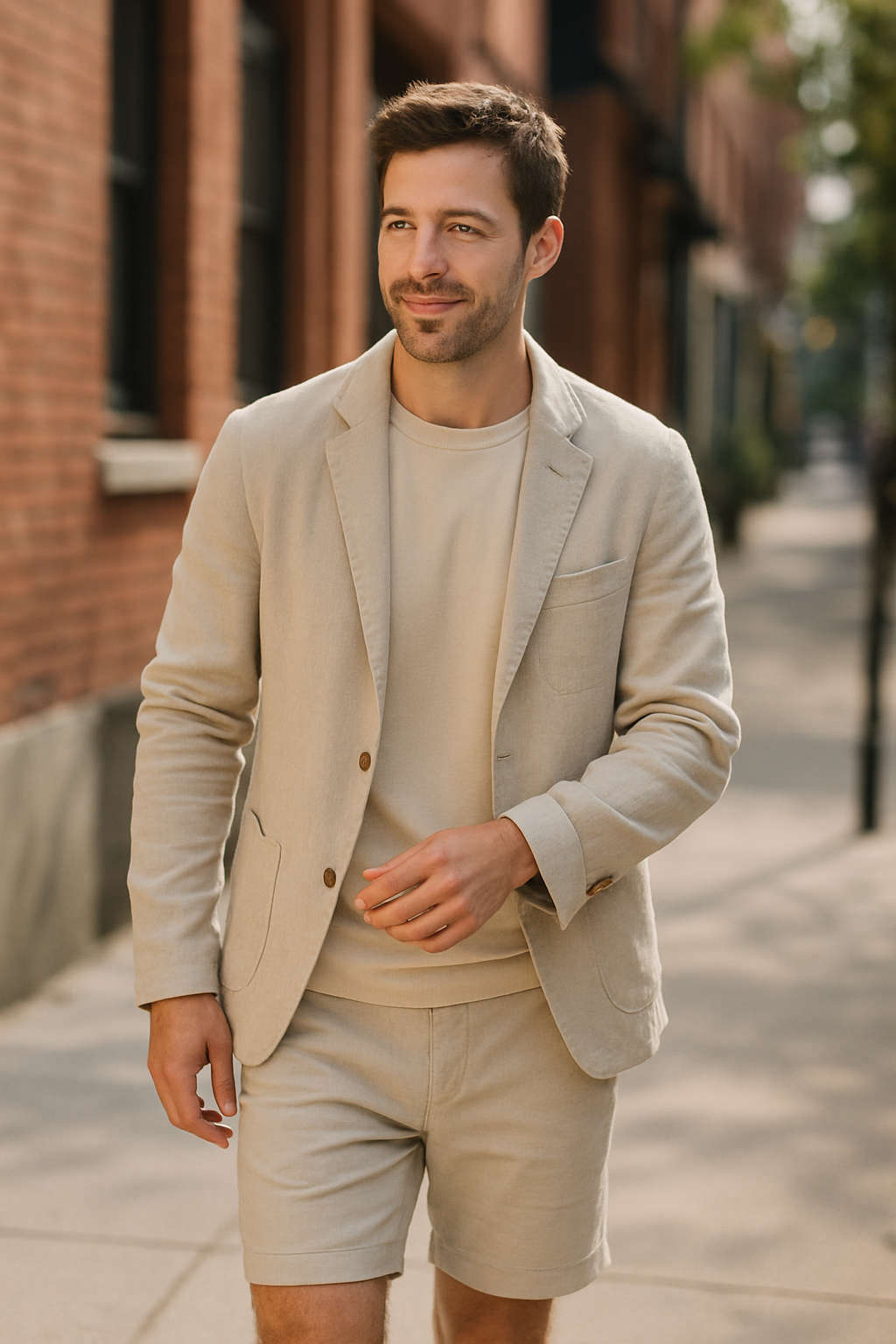 A man wearing a light-colored outfit, walking casually down a street.