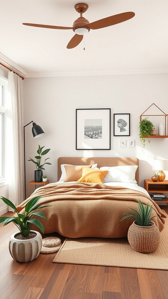 A cozy brown bedroom featuring a brown blanket, wooden furniture, and green plants.
