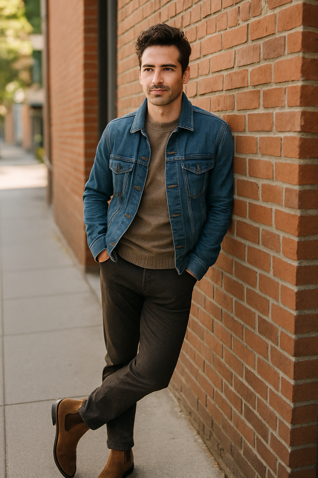 A man wearing brown Chelsea boots, a denim jacket, and dark pants, leaning against a brick wall.