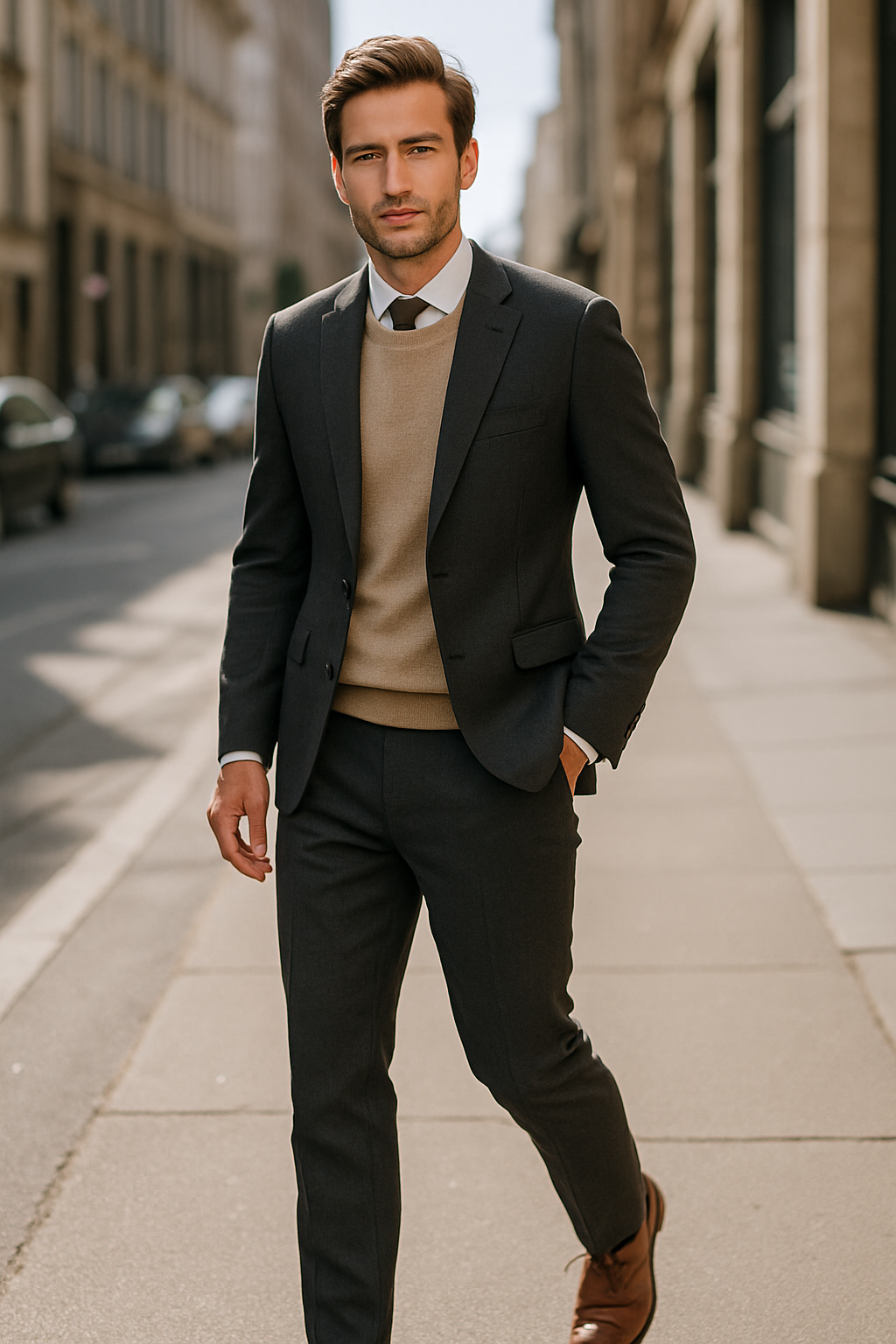 A man walking in a city wearing a classic suit and brown derby shoes.